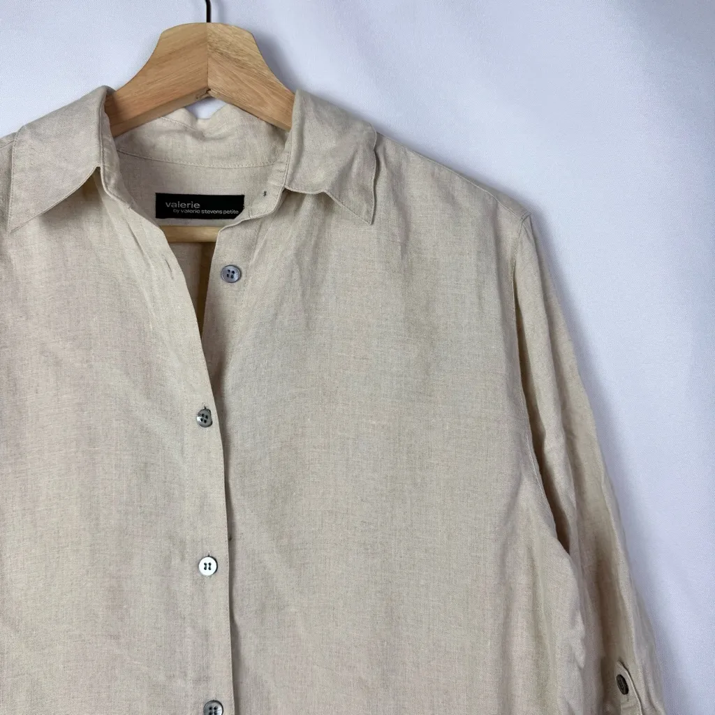 Valerie by Valerie Stevens Petite Beige Linen Roll Sleeve Button Down Top SP - Image 3