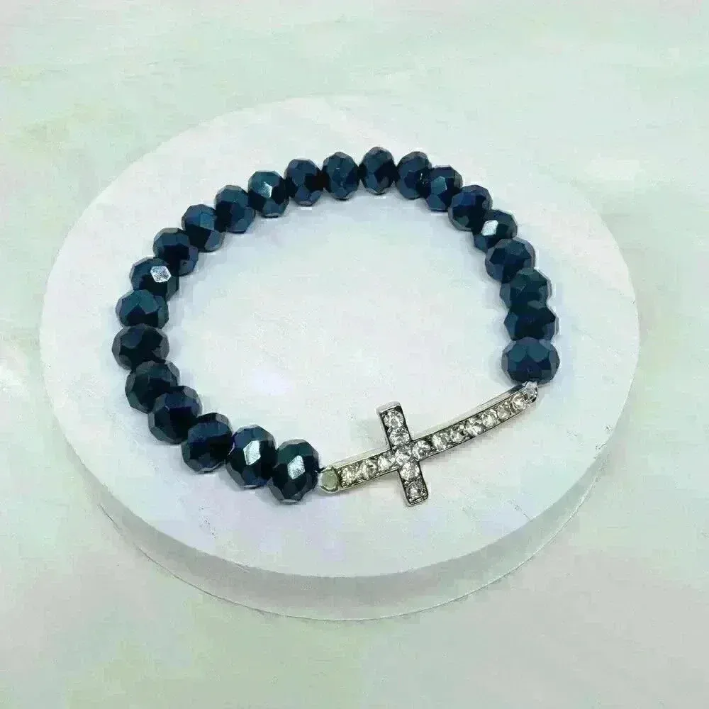 Navy Blue Beaded Bracelet with Rhinestones Cross - Image 6
