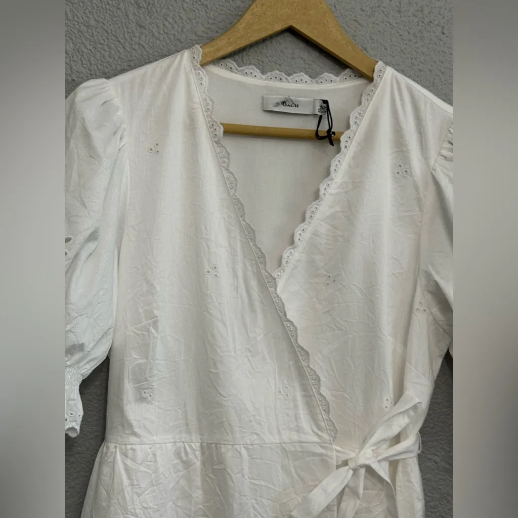NWT Coach Broaderie Anglaise Wrap Dress in White Size 8 Puff Sleeve Scallop - Image 5
