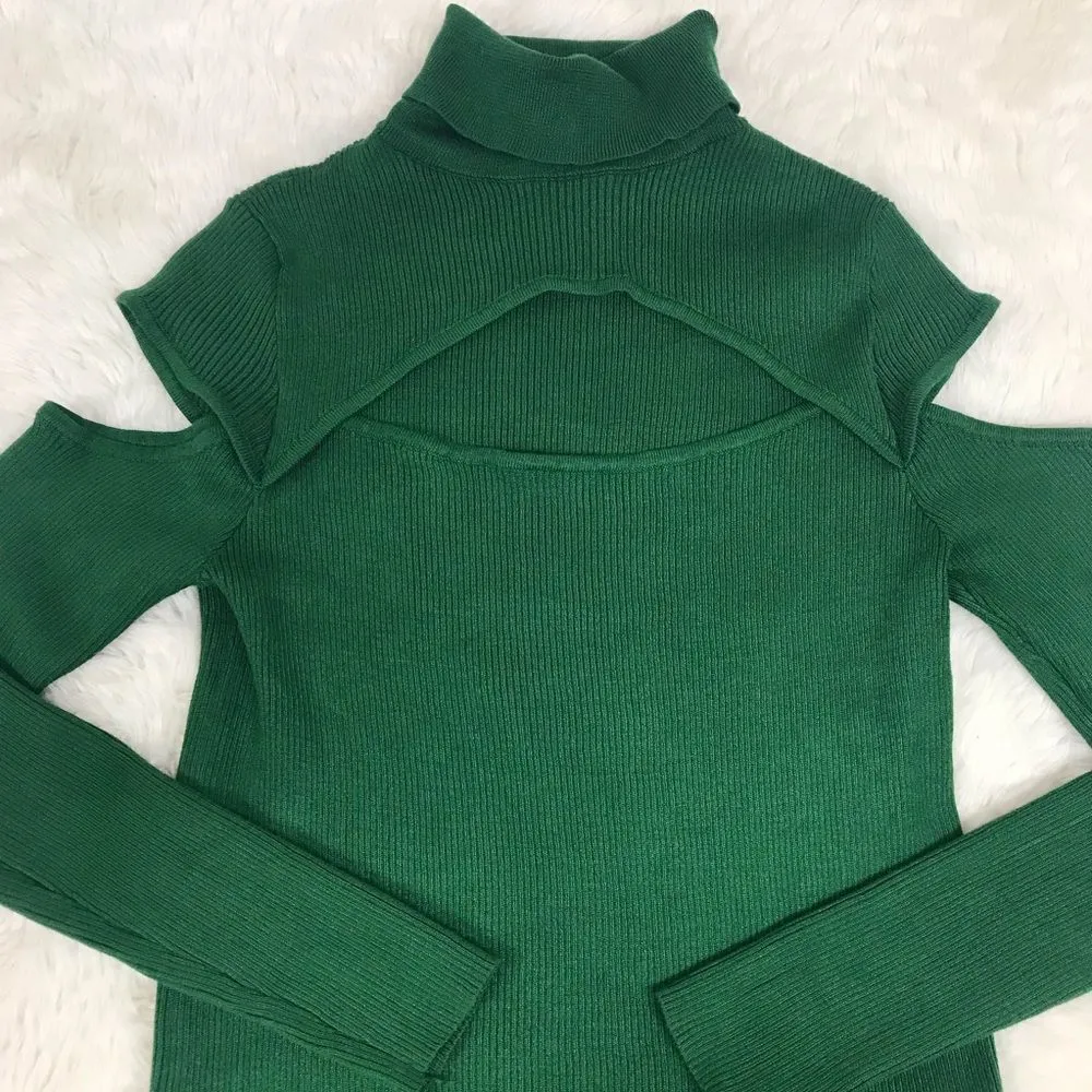 ELOQUII Green Ribbed Cutout Turtleneck Cold Shoulder Open Shoulder Size 14 16 - Image 4