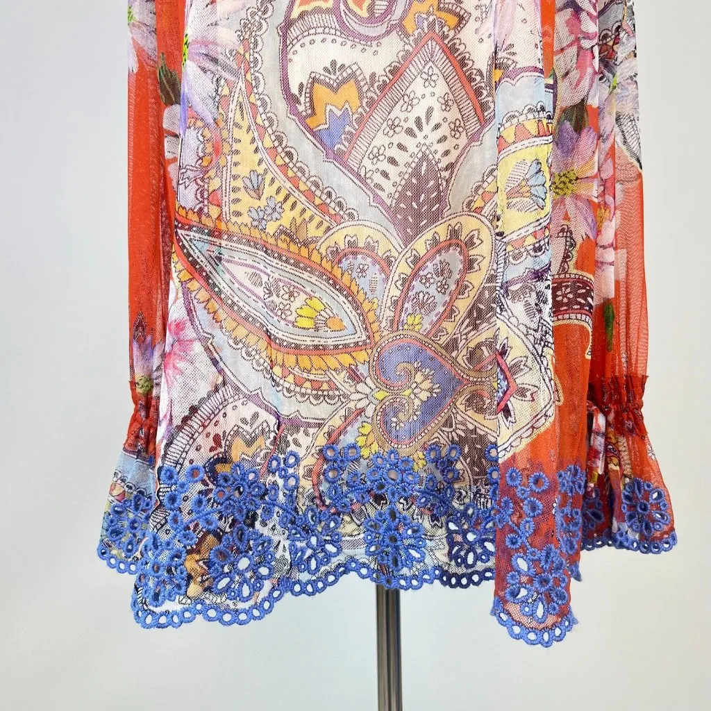 NWOT JOHNNY WA PAISLEY MESH BLOUSE EMBROIDERED EYELET TRIM Size L Long Sleeves - Image 7