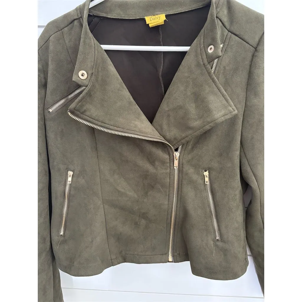 Women's Green Faux‎ Suede Moto Jacket Size L - Image 6
