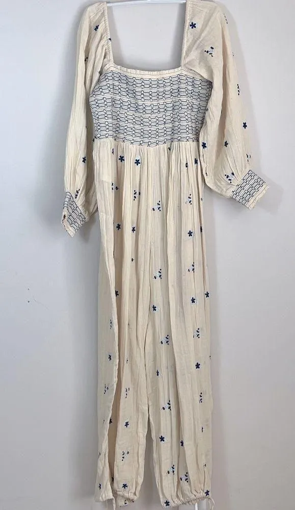 embroidered detail boho crinkle jumpsuit in ecru Size Medium - Image 4