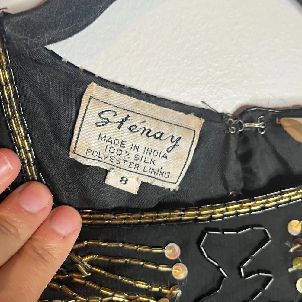 Vintage silk beaded sequin dress Black Size 8 - Image 4