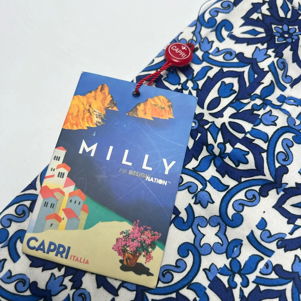 Milly Design Nation Shorts Blue White Tile Print Cotton Blend Mid Rise Chino - Image 4