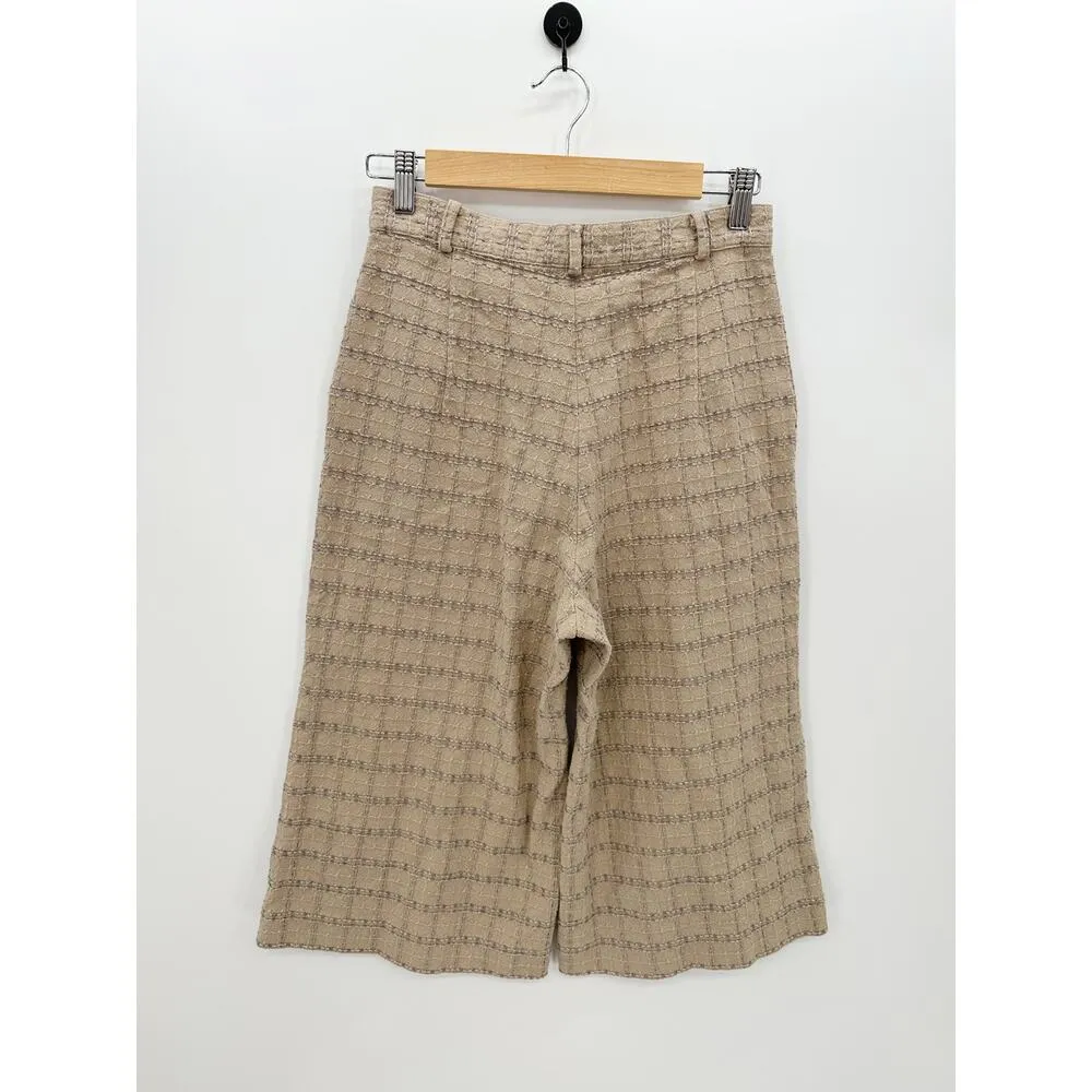 Tan Cream Plaid Wide Leg Bermuda Pants Cropped Flare Women Size Small Country - Image 2