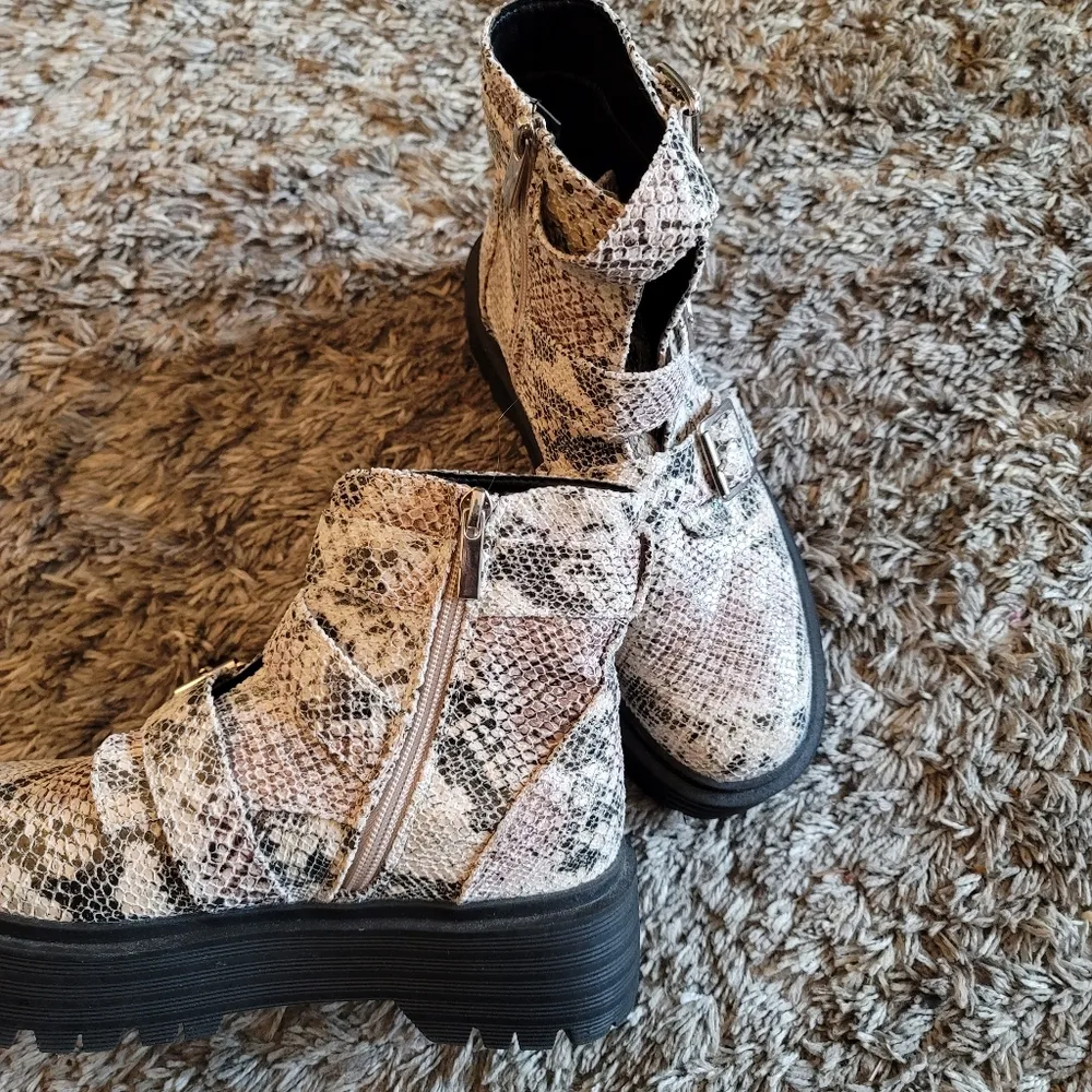 Pretty Little Thing Faux Snake Print Double Sole Triple Buckle Biker Boots 5 - Image 7