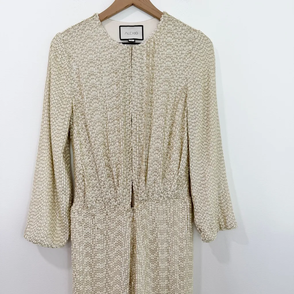 Alexis Zeda Cream Sequin Jumpsuit Long Sleeve Wide Leg Size Large RARE - Image 3