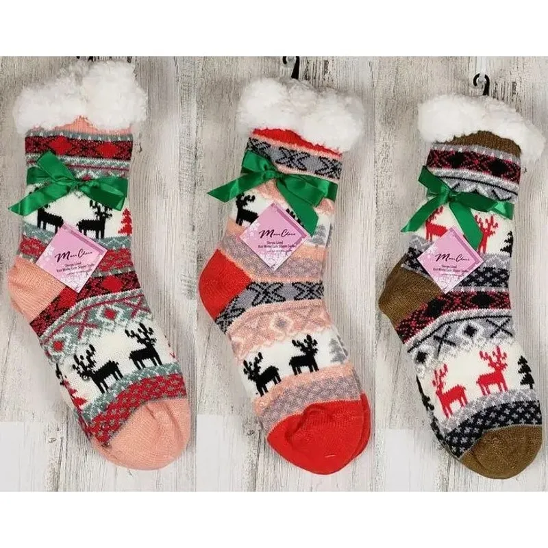 New Set of 3 Mari Clare SHERPA Lined Reindeer No Slip Slipper Socks Women's - Image 6
