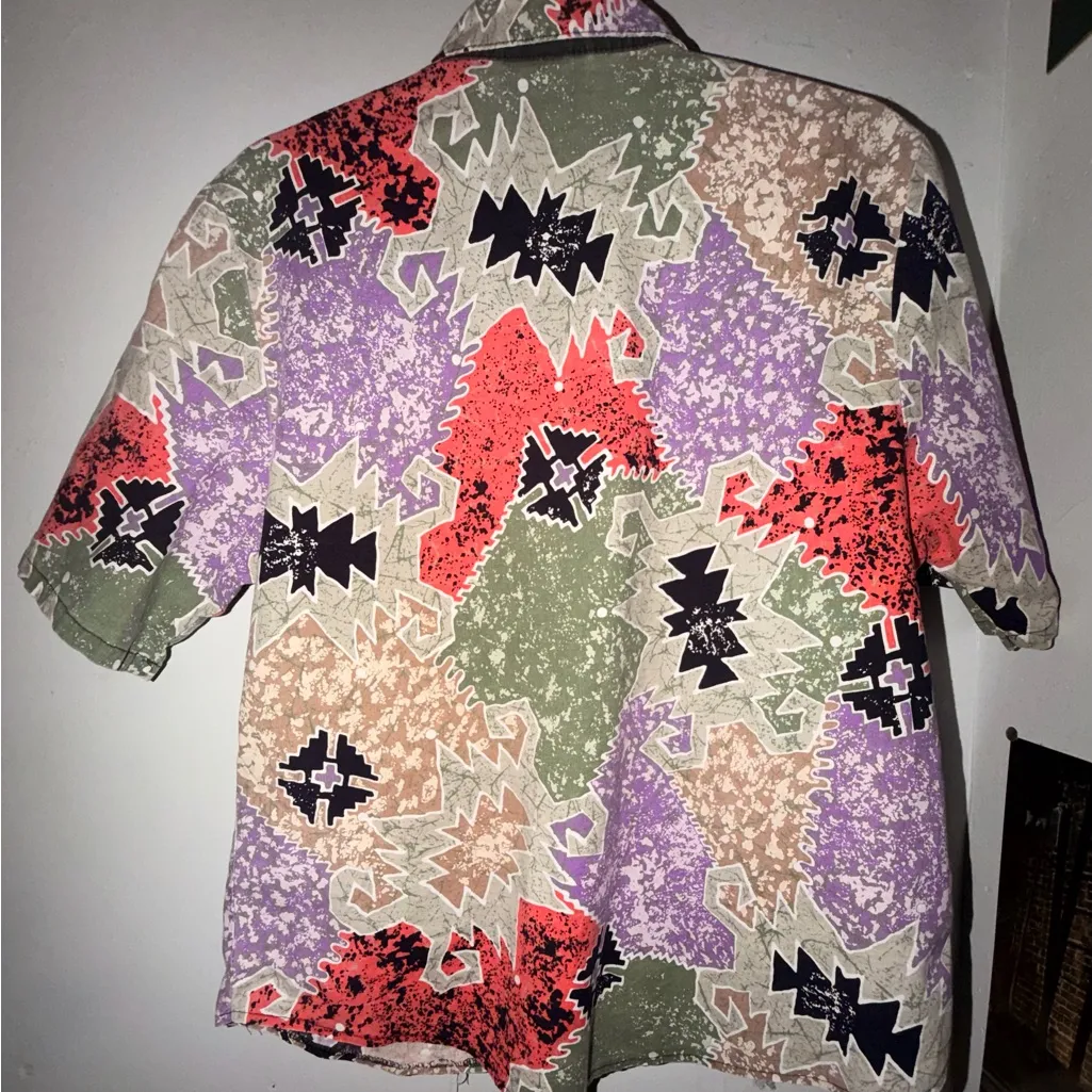 Women's Multicolor Patchwork Button Down Shirt Black Size L - Image 2