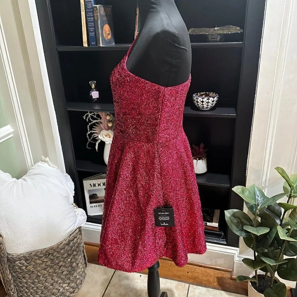 Lulus Shimmer Barbie City Fuchsia One Shoulder Mini Skater Dress Size M Pink Size M - Image 6
