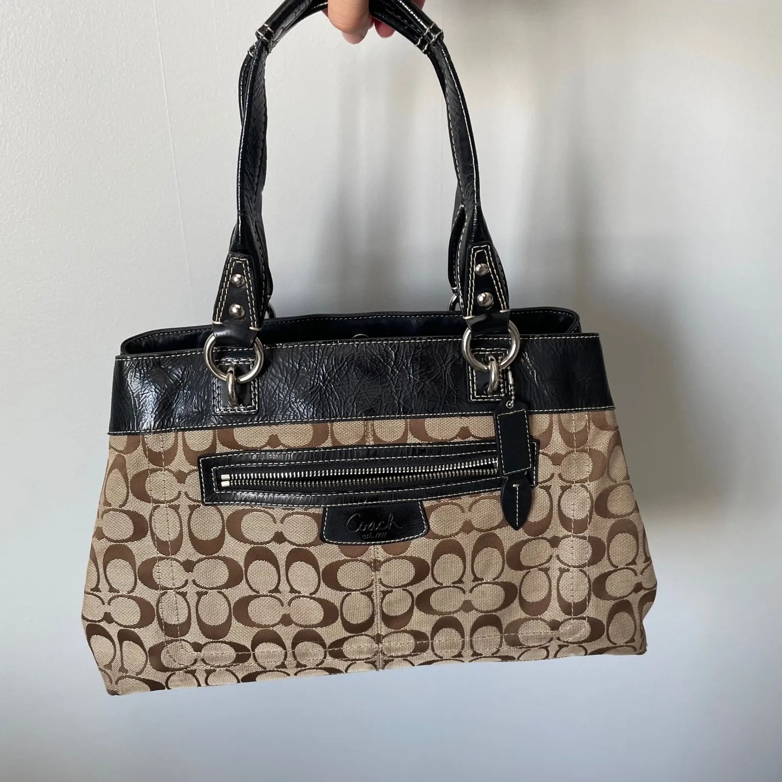 y2k Coach Penelope Signature Canvas Leather Trim Tote Shoulder Bag Brown Black - Image 12