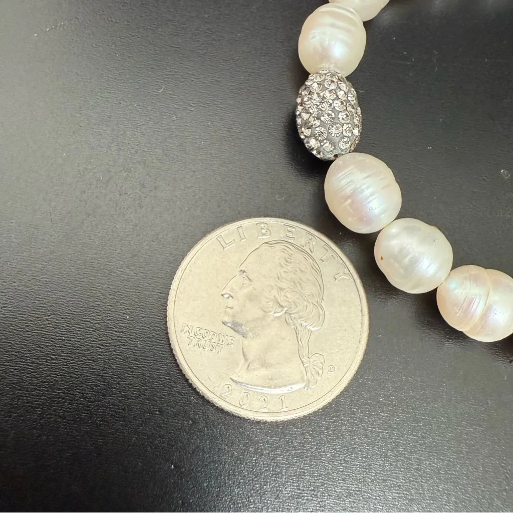 Natural Freshwater Cultured Pearl Disco Ball Crystal Beads Stretch Bracelet White - Image 6