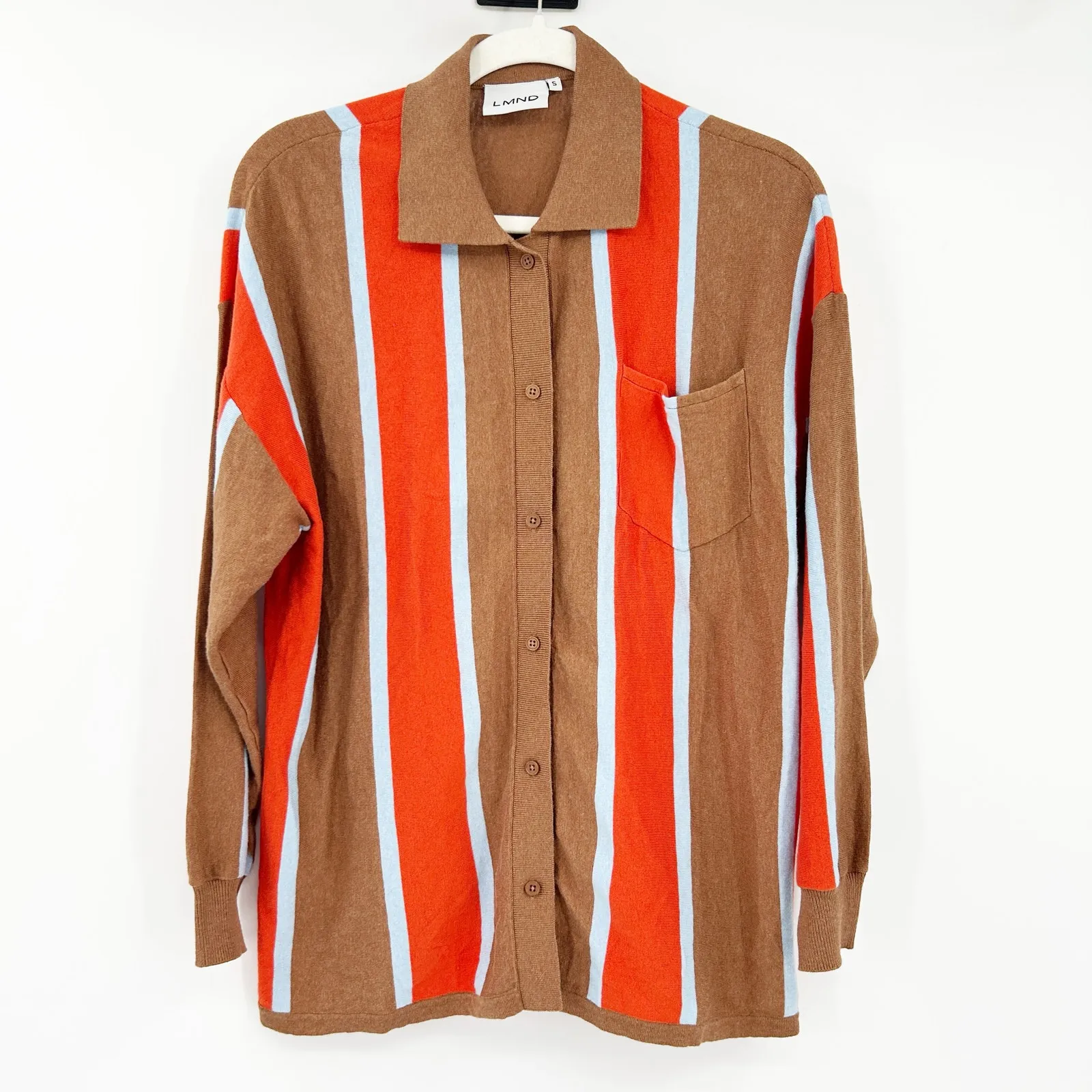 LMND Womens Preppy‎ Carmen Striped Cashmere Blend Collared Knit Sweater Shirt S Brown - Image 2