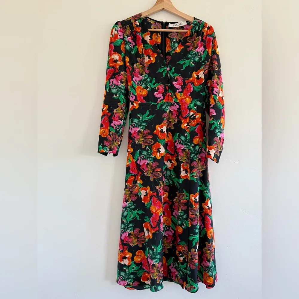 Diane von Furstenberg Silk Black Floral Print Silk Midi Dress size 6 (S) - Image 7