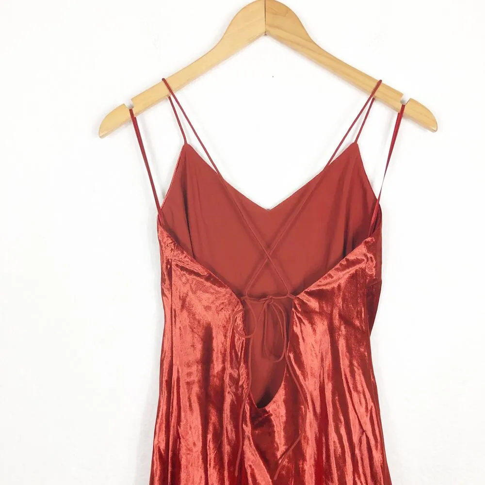 Mestiza New York Mara Red Rust Velvet Slip Open Back Cross Strap Gown Medium - Image 12