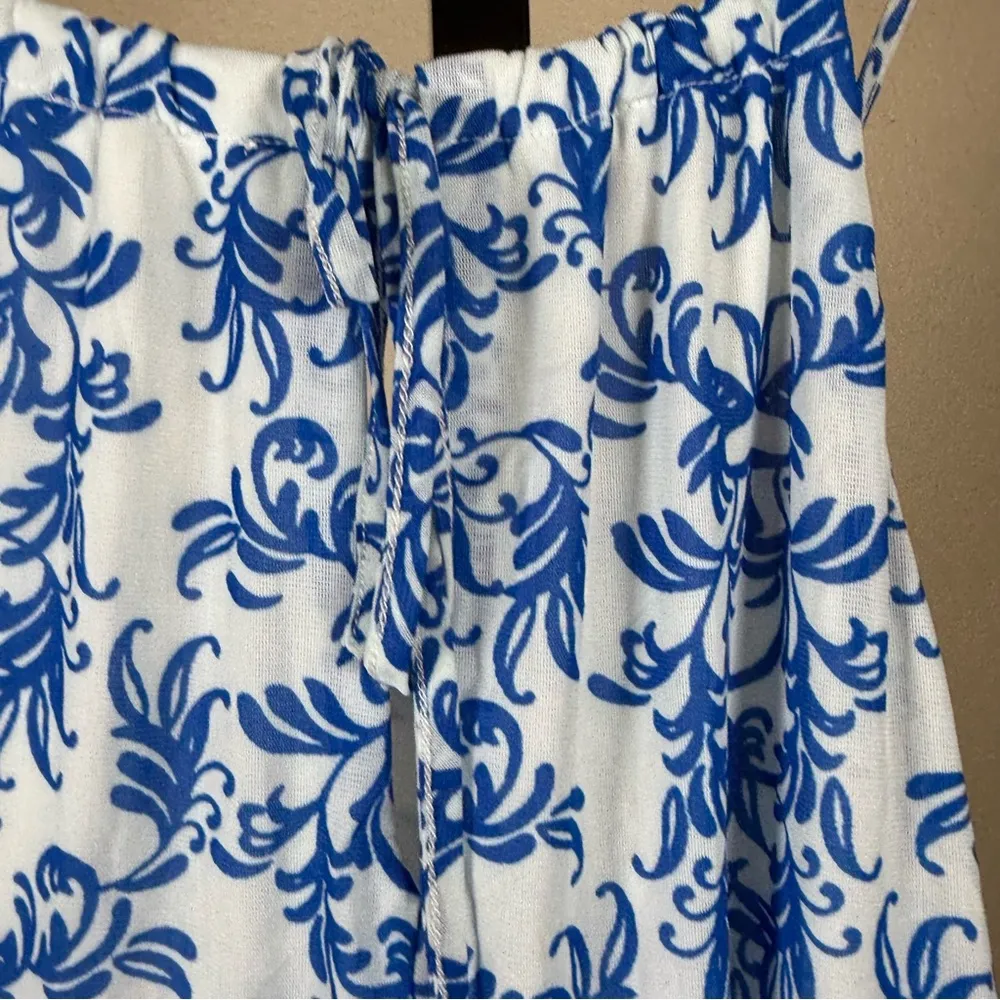 Cottagecore Blue White Damask Print Ruffle Hem Large Pullover Lined Boho Tank - Image 4