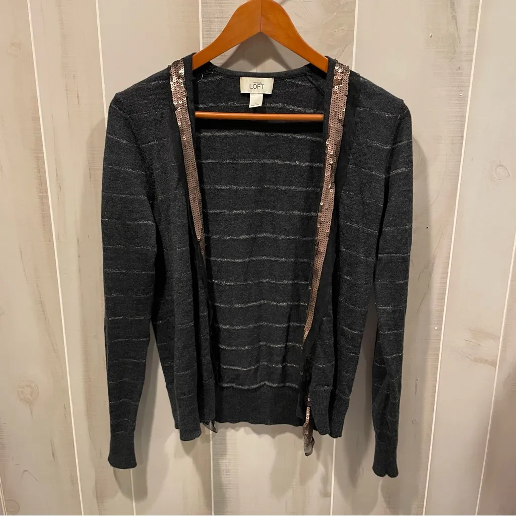 Cute loft lightweight wool blend charcoal metallic stripe mesh sequin sweater - Image 9