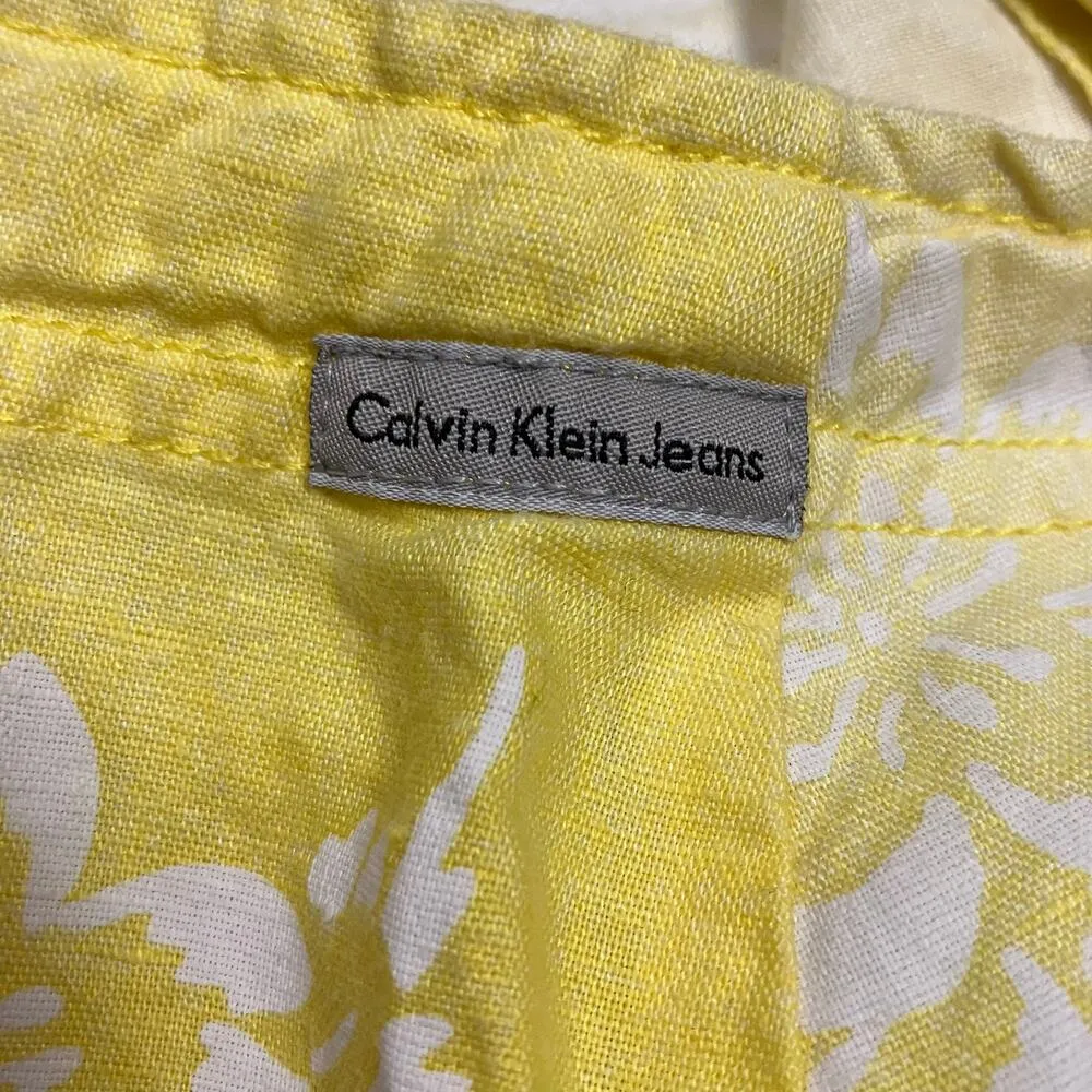 Vintage Calvin Klein Jeans Women's Yellow Floral Flax Cotton Blend Skirt Size 12 - Image 5
