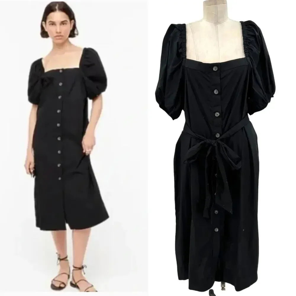 J. Crew Cottage Dress in Black Square Neck‎ Puff Sleeve Button Front Size XL - Image 2
