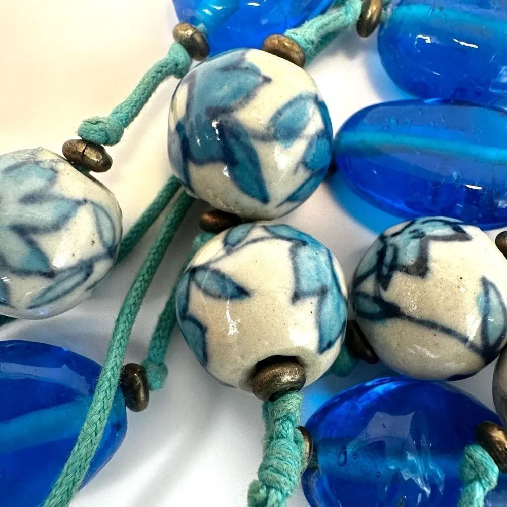 Blue hand painted beaded long necklace on cord - Image 9