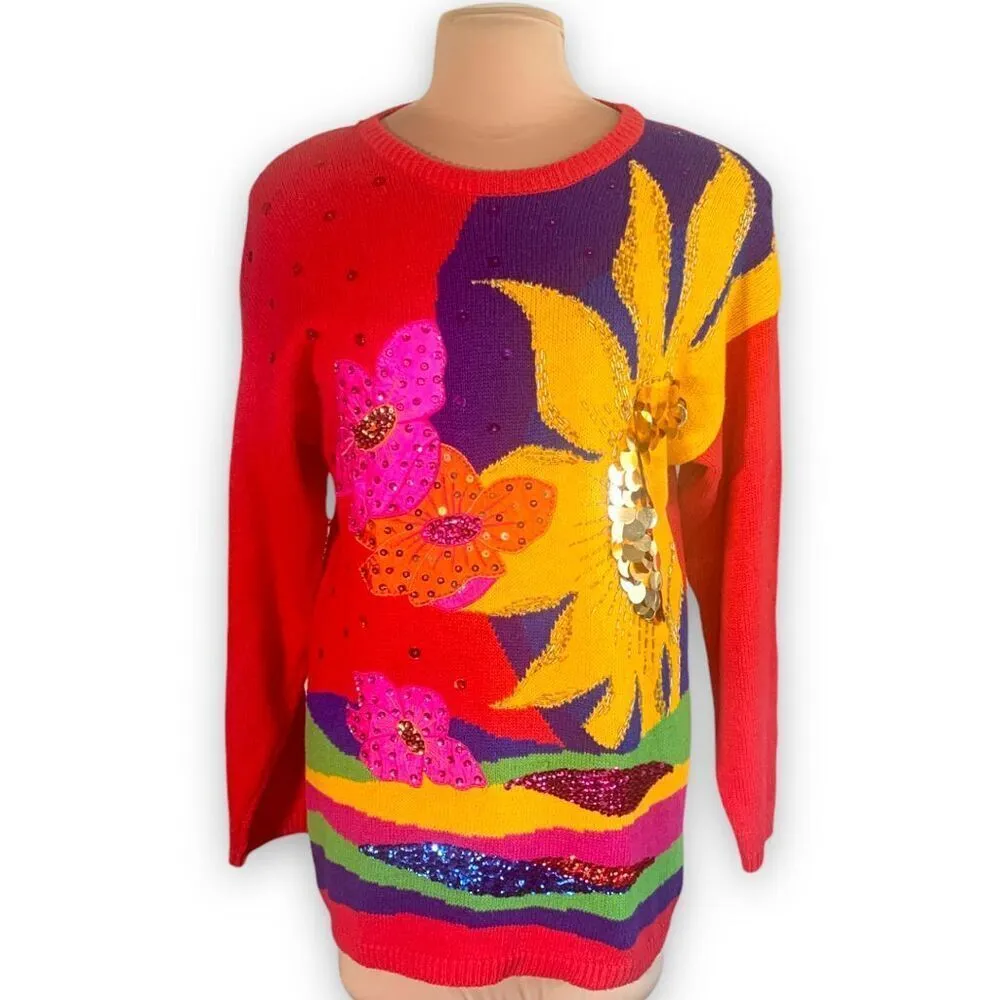 Vintage 80s Oversized Sweater Sequin Bright Floral Pattern Abstract Art Red Knit Size M - Image 4