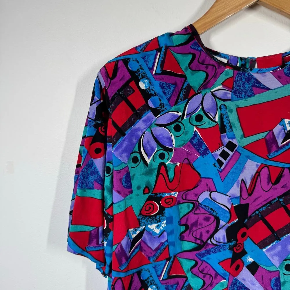 Christie & Jill Top Women L Silk Casual Round Neck Blouse Blue Purple Vintage Size L - Image 3