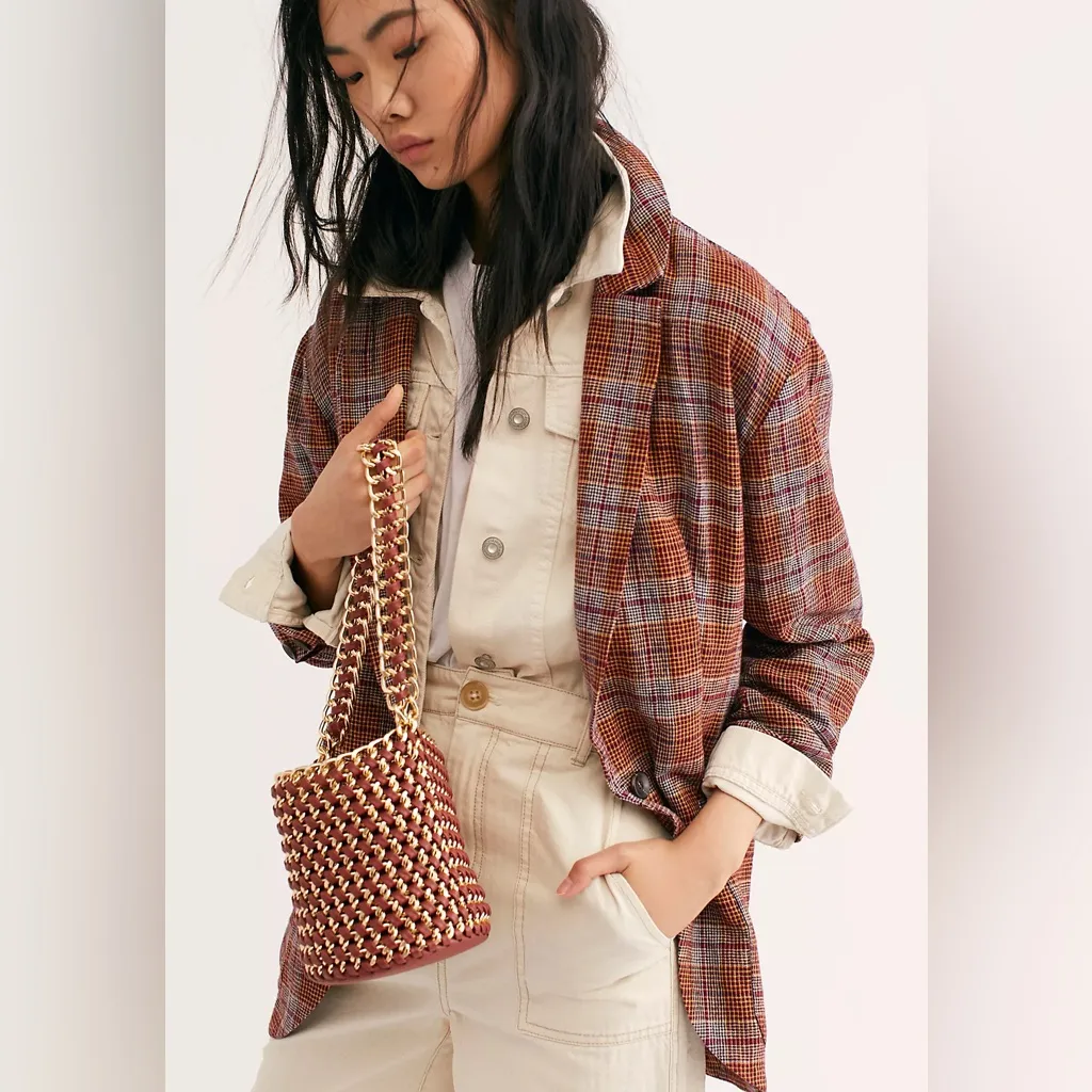 Free People Linen Blend Slouchy Simply Plaid Blazer Size Medium - Image 2