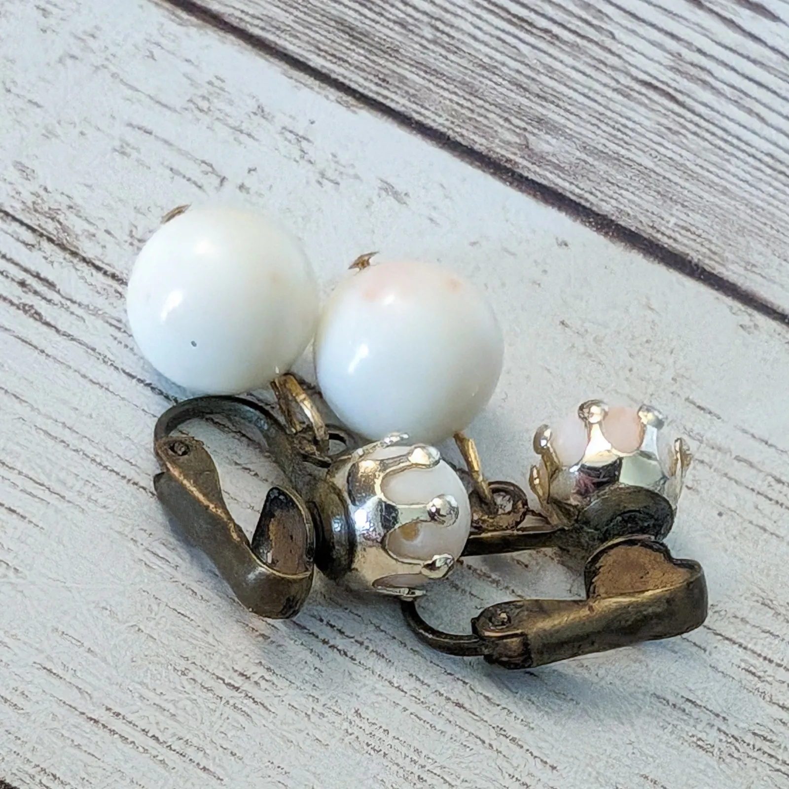 Vintage Clip On Earrings Ball Duo Dangle Off White with Pink Hues - Image 7