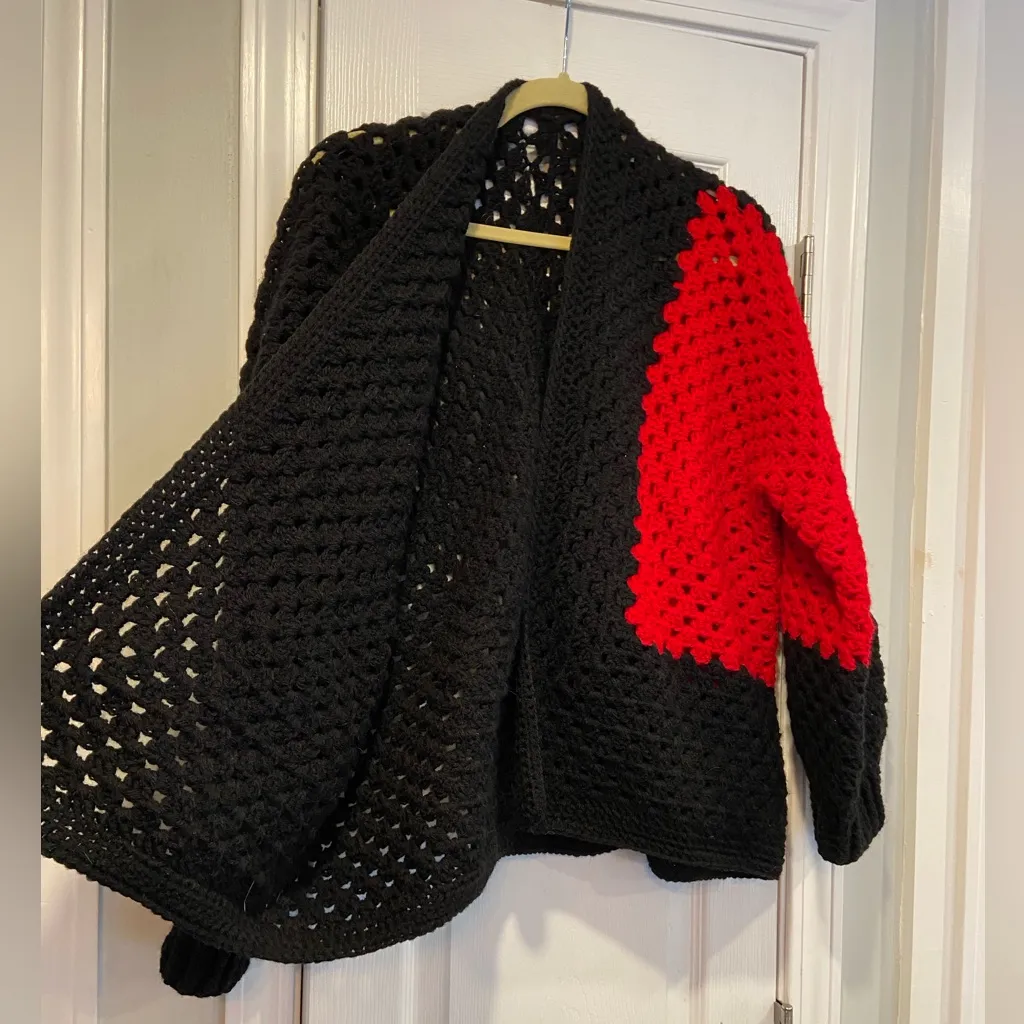 Handmade Crochet Granny Square One Size Cozy Cardigan Boho Chunky Knit Sweater - Image 8