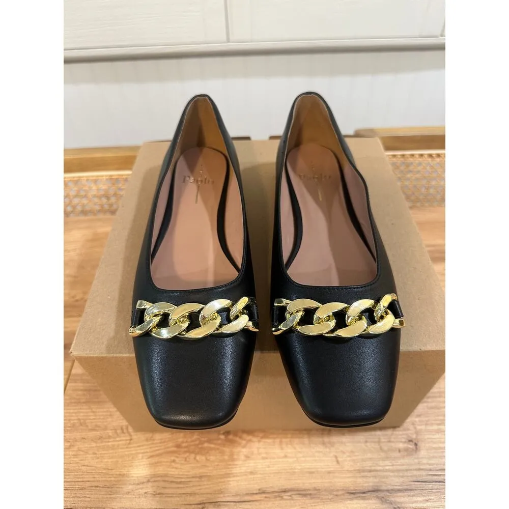 Linea Paolo Natalie Black Flats Size 7 NWOB Gold Chain Detail Unique Heel - Image 2