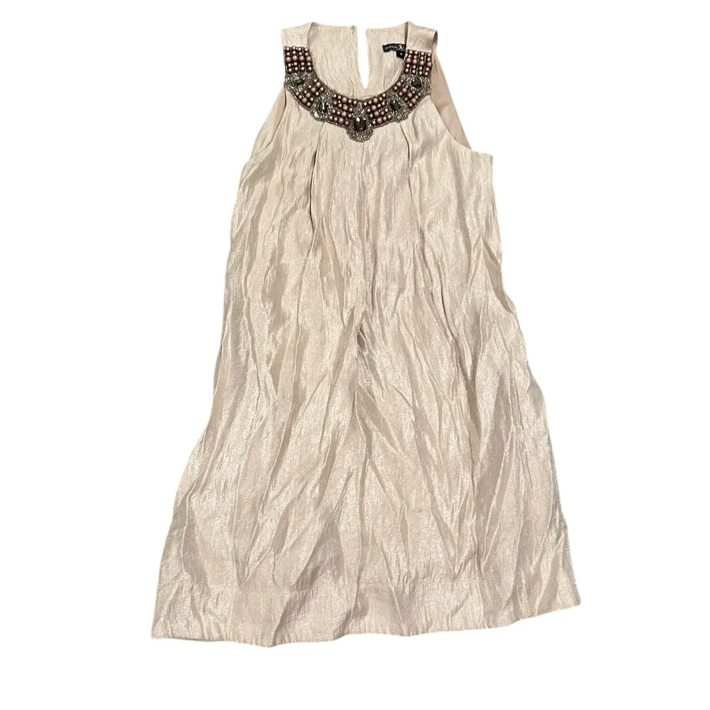 Alexia Admor Jewelled Neck Hammered Satin Trapeze Sleeveless Mini Dress Cream S - Image 3