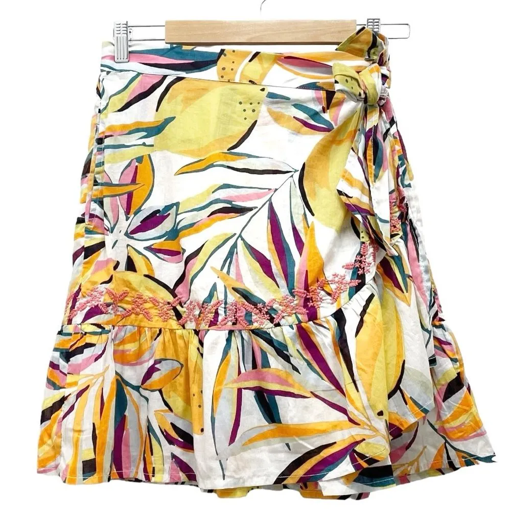 C&C California Tropical Print Embroidered Cotton Wrap Front Skirt Size Small NEW - Image 10
