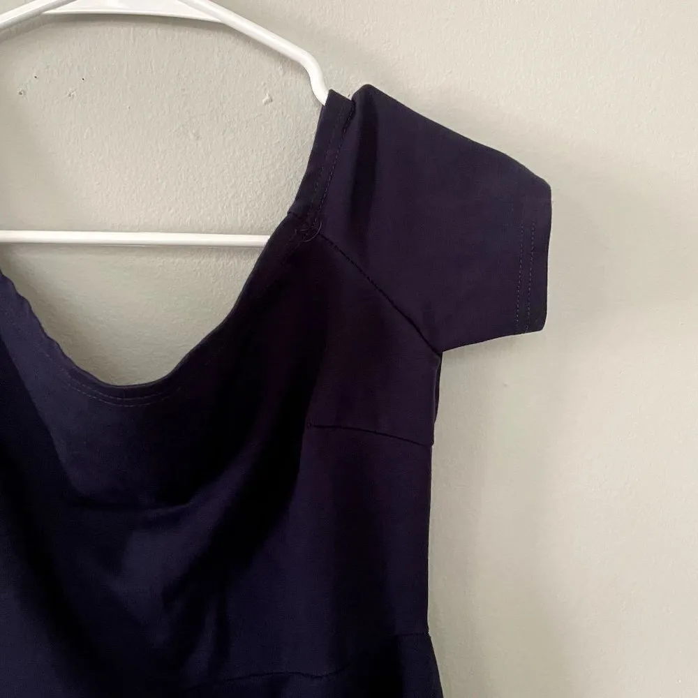 Sarin Matthews dark navy blue asymetrical semi formal off the shoulder dress - Image 2