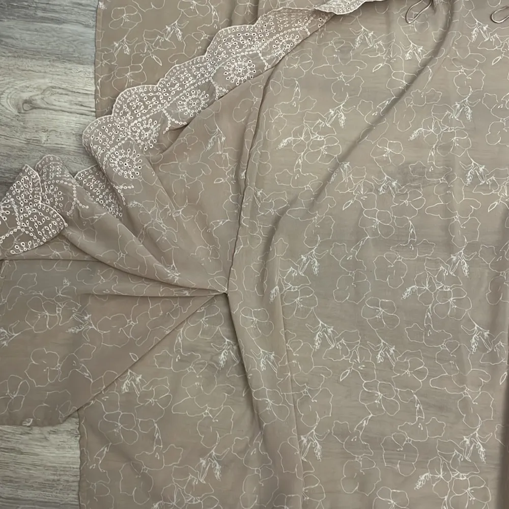 Tan  White Floral Print with Embroidered Detail Open Front Kimono One Size - Image 7