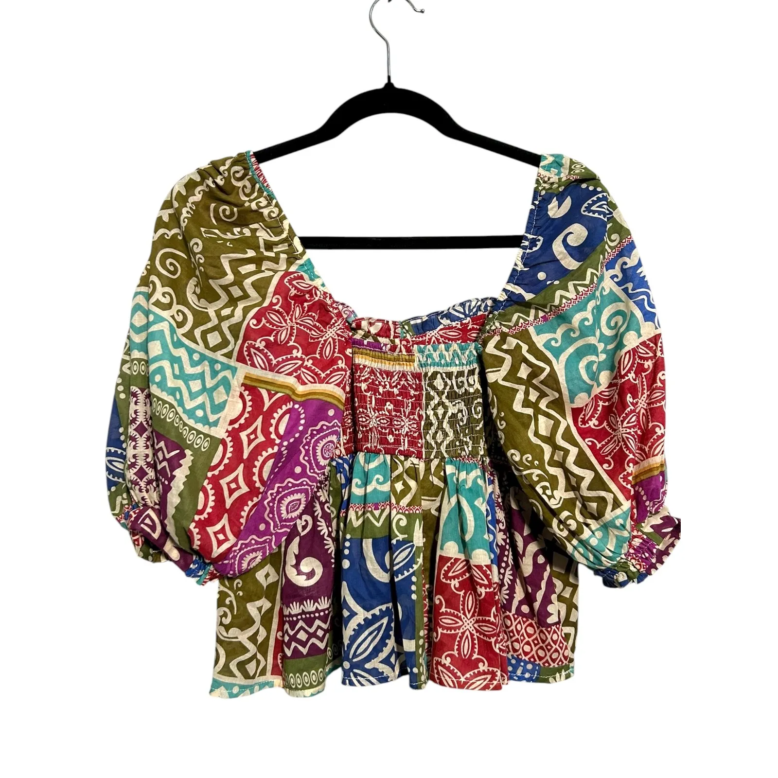 Dress Forum Los Angeles NWOT Multicolor Patchwork Square Neck Puff Sleeve Top - Image 4