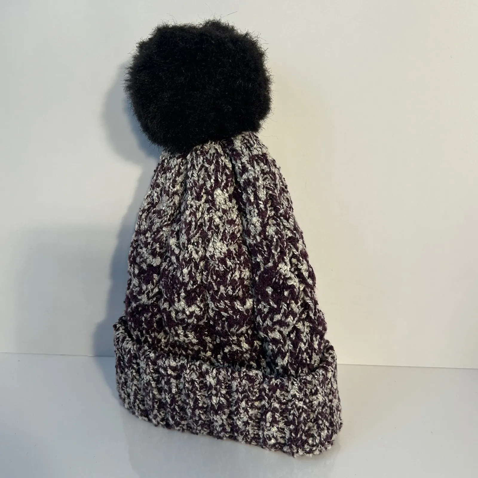 Calia Women's Knit Beanie Hat with Faux Fur Pom Pom Purple White - Image 8