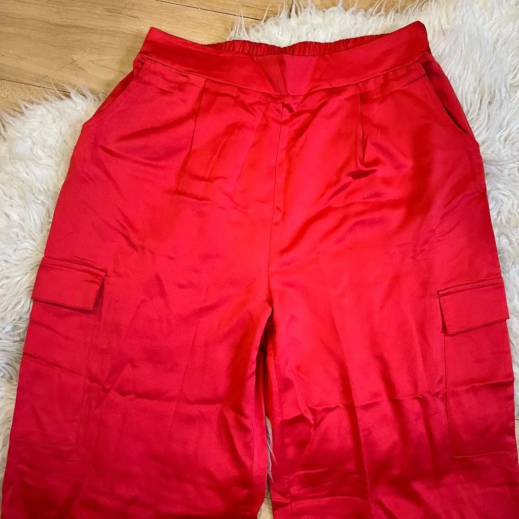 Red satin cargo styles high waisted wide leg pants M - Image 3