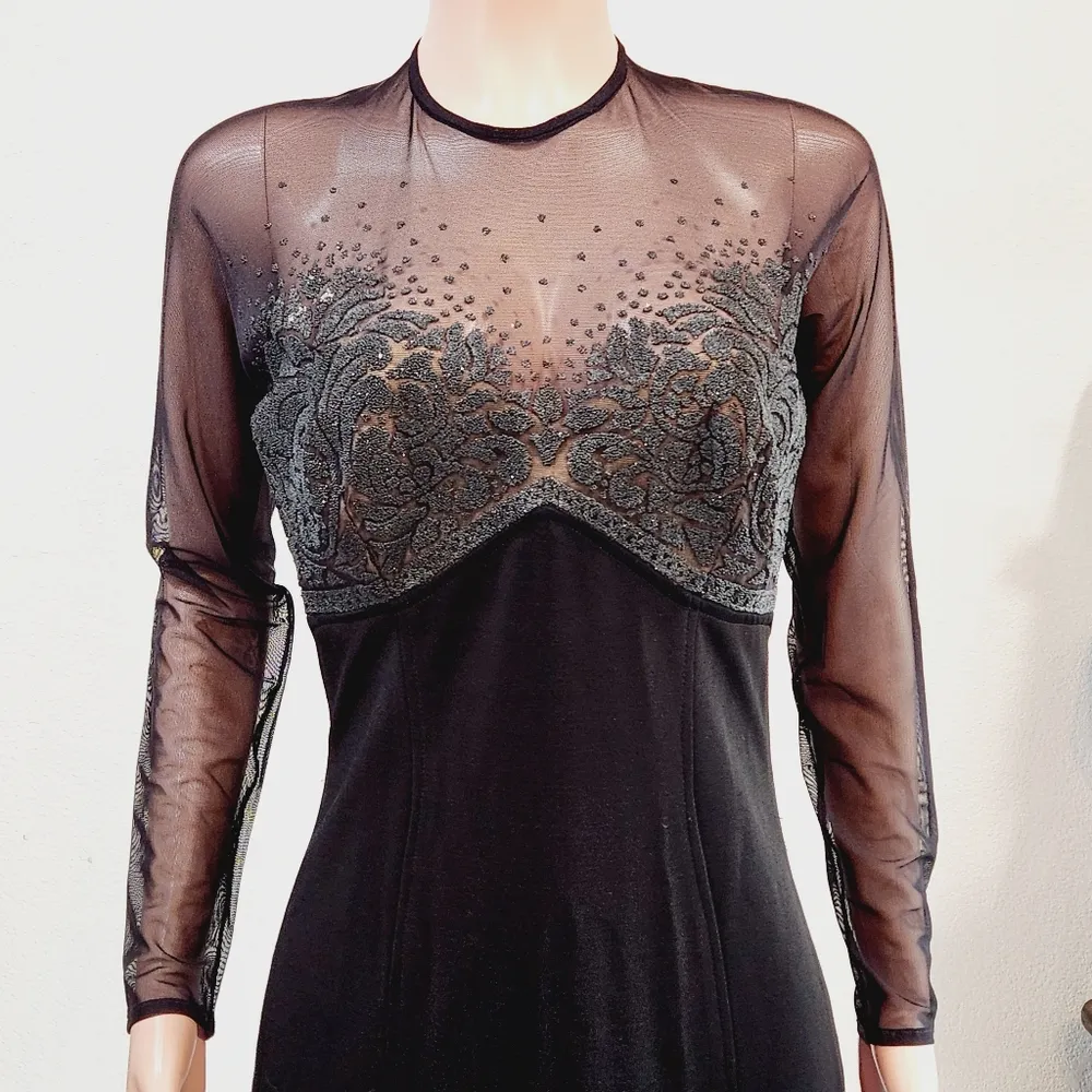 Tadashi Shoji Vintage Beaded Bodycon Black Evening Gown Long Sheet Sleeves - Image 4