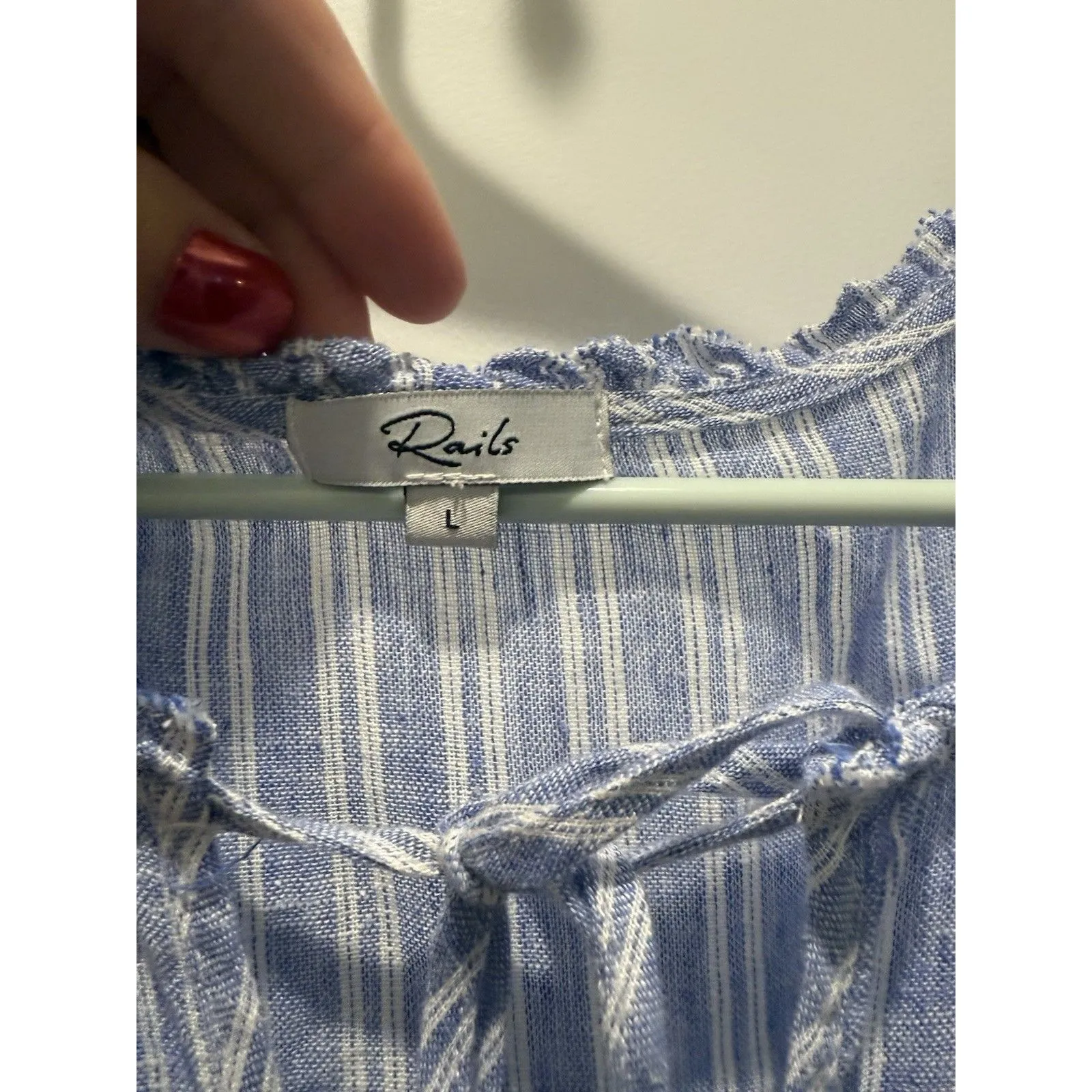 Rails Large L Blue Ludlow Stripe V Tie Neck Short Sleeve Linen Mini Dress - Image 2