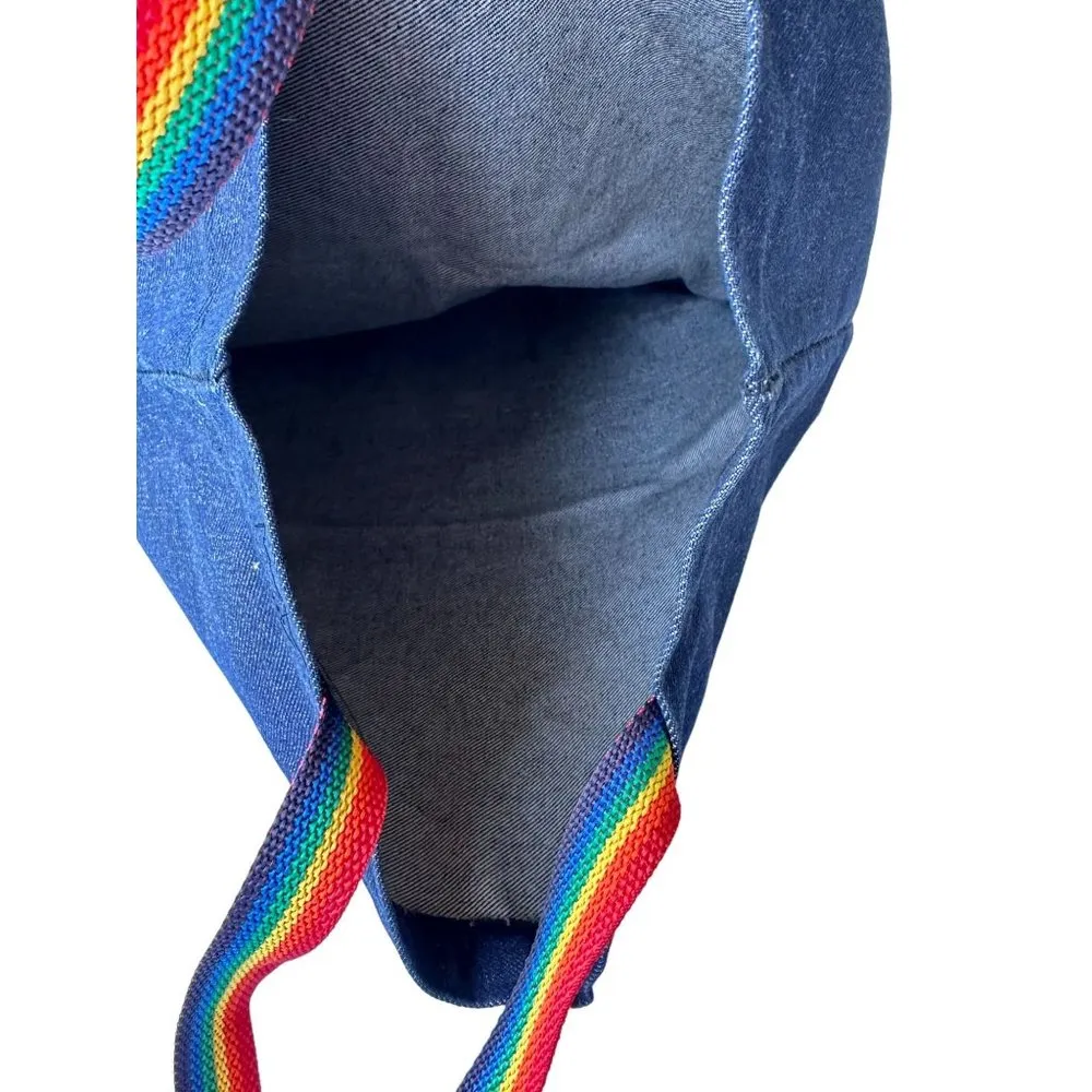 Vintage 90's Cheap Joe's Art Stuff Denim Tote Bag Rainbow Straps Large … - Image 9