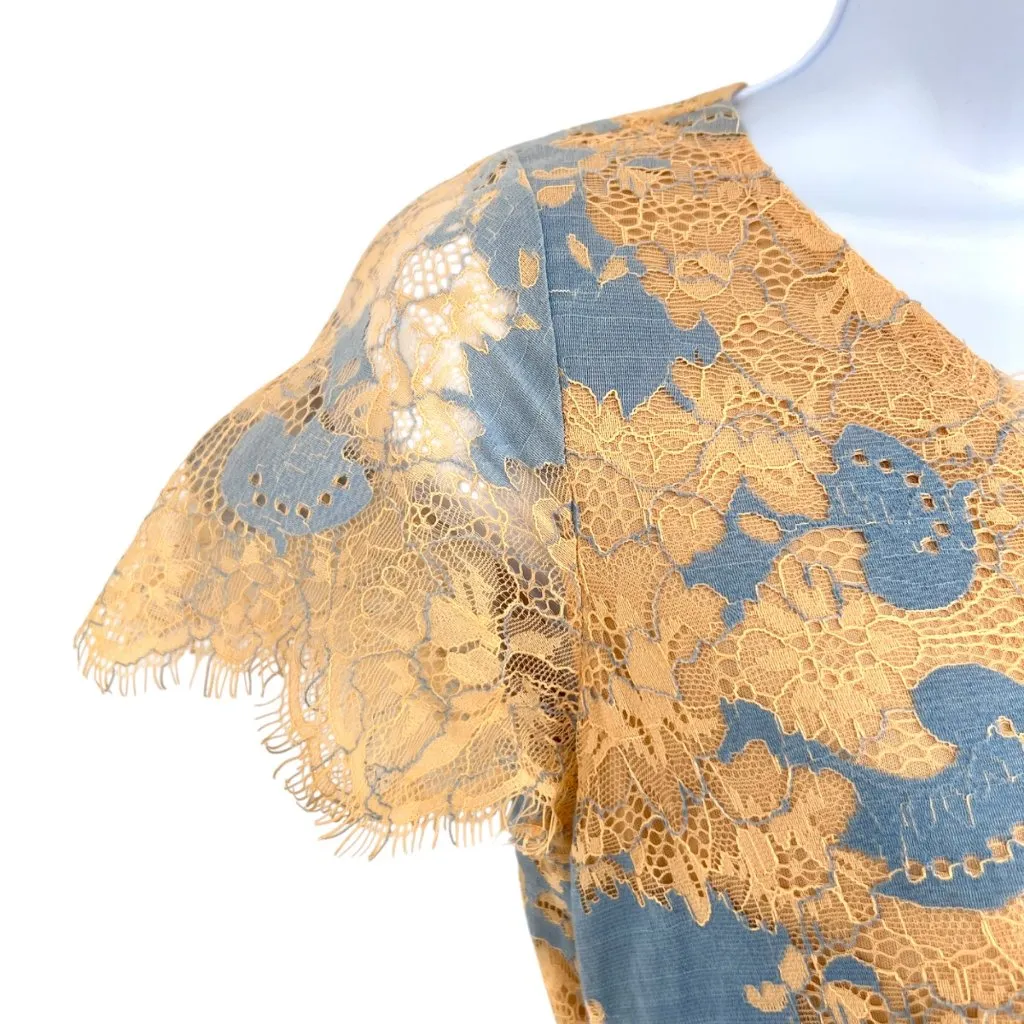 Storia Floral Lace Mesh Short Sleeve Mini Dress Blue Beige Size Small - Image 4