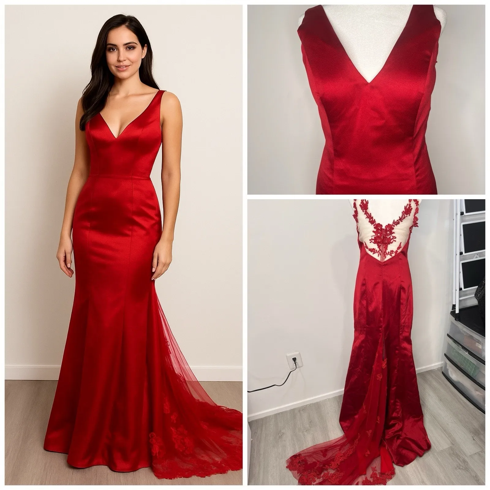 Long Red Lace Formal Wedding Event Halloween Gown With Train Dress - Image 2