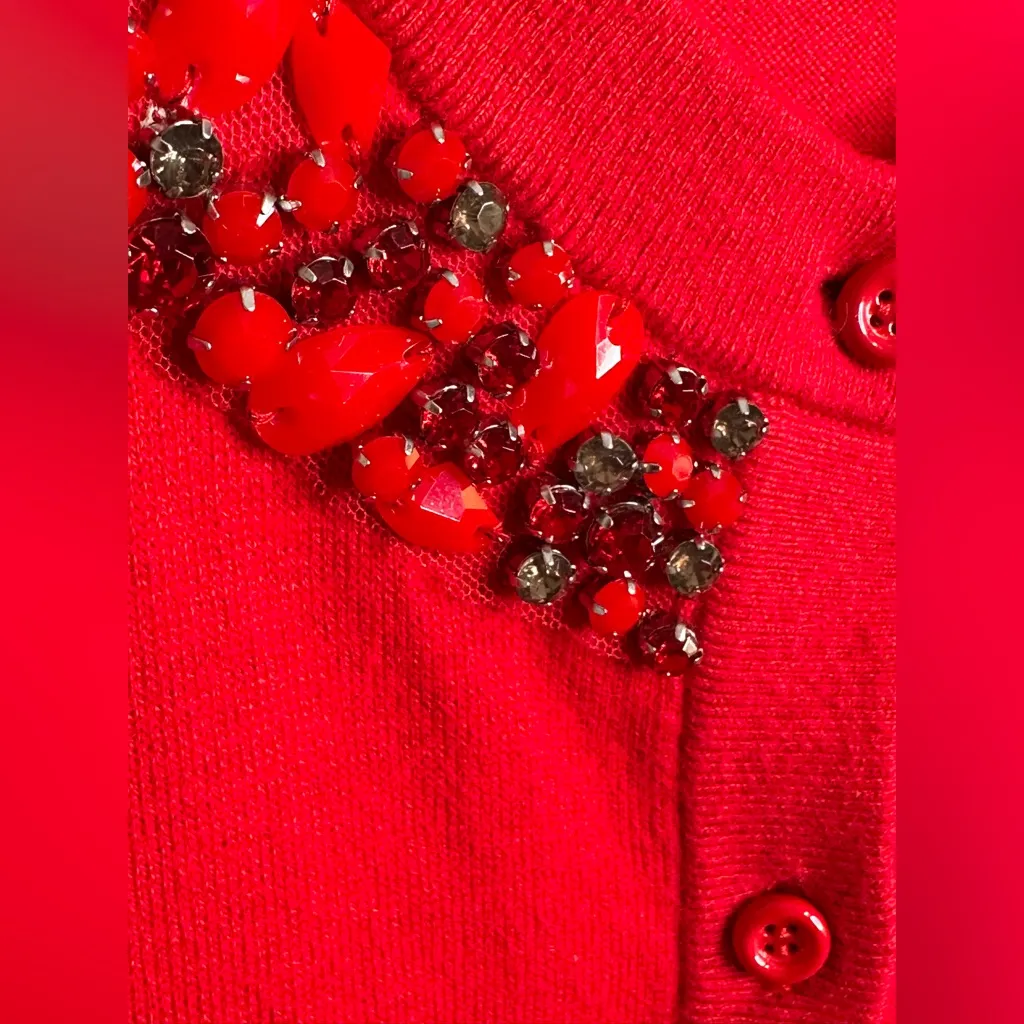 Kate Spade Caroline Vibrant Red Rhinestone Trim Wool Blend Cardigan Sweater Top - Image 8