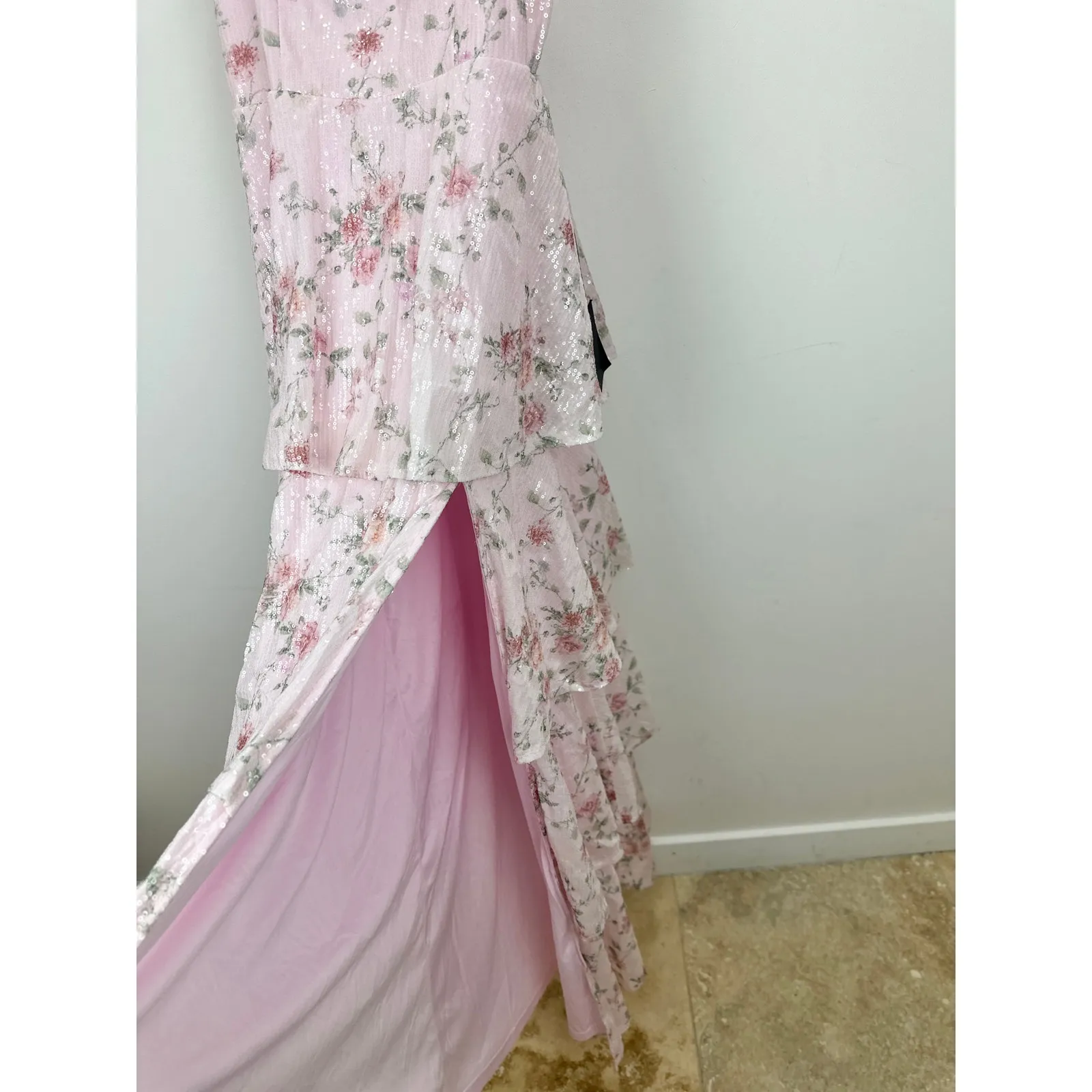 Lulus Flourishing Shine Light Pink Floral Sequin Tiered Maxi Dress Formal M NWT Size M - Image 9