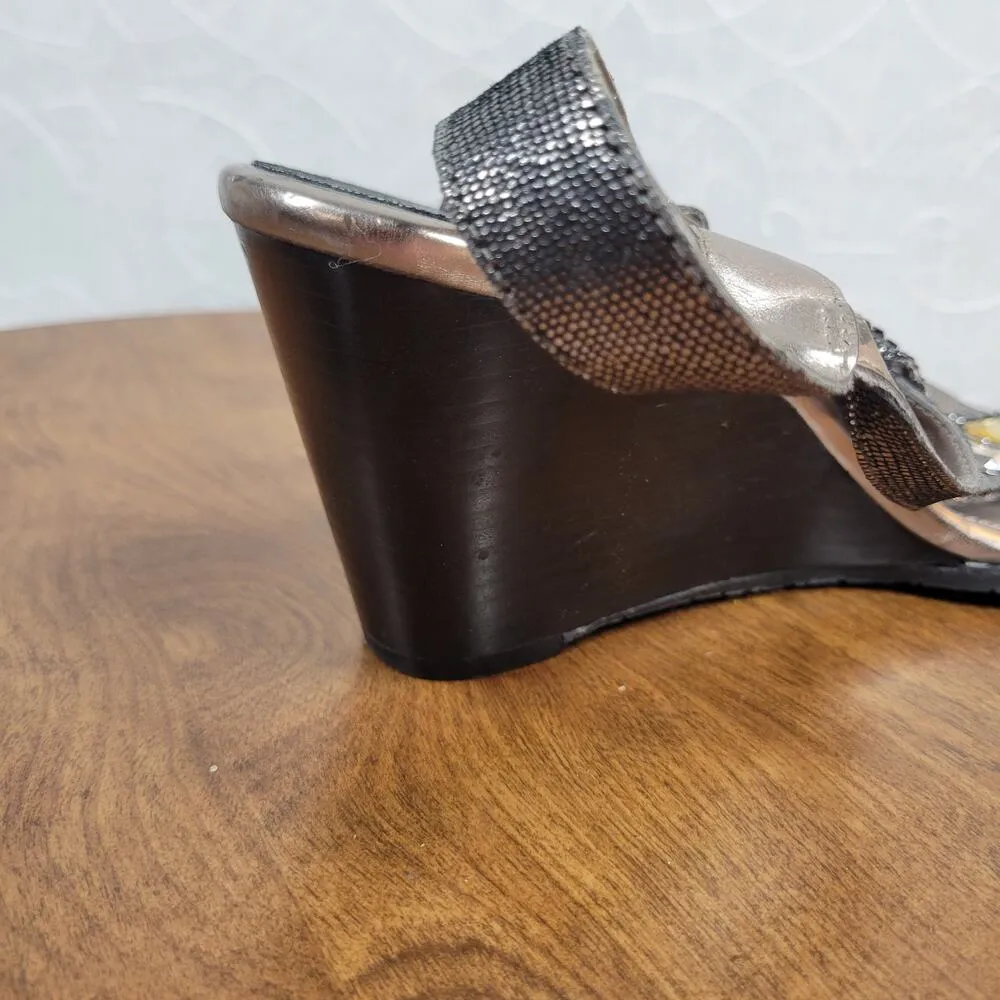 Arturo Chiang Womens Wedge Sandals 8.5 Silver Rhinestones Open Toe Ankle Strap - Image 10