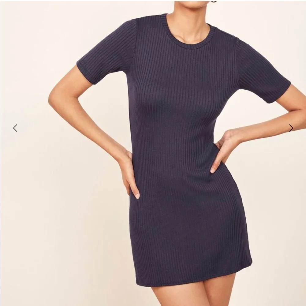 Reformation Women’s Size L Gigi Short Sleeve Mini Dress Navy Blue Rib‎ Casual - Image 11