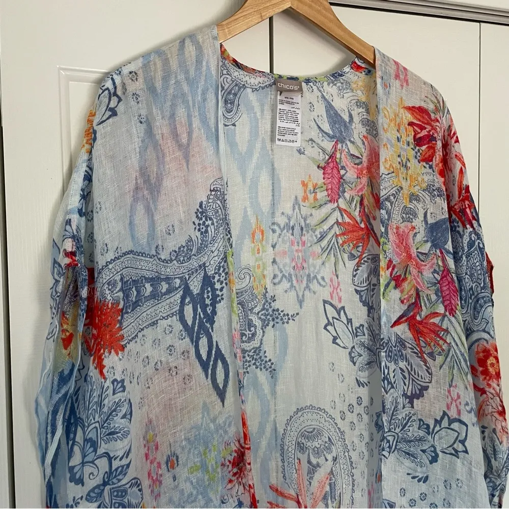 Chico’s Ikat Floral Ruana Wrap Sz S/M Linen Open Front Fringe Hem - Image 7