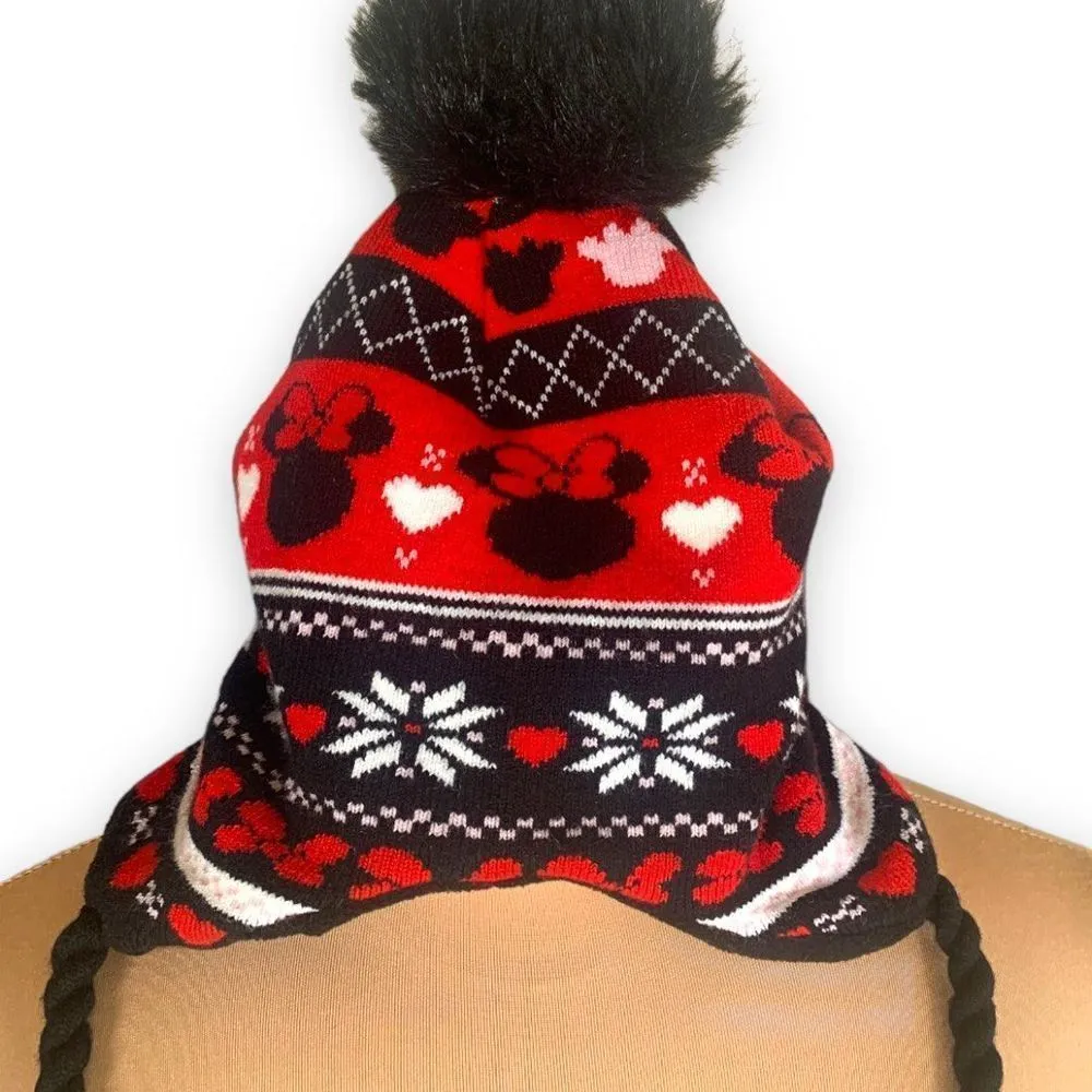 Disney Hat Minnie Mouse Fair Isle Print Red Black Fleece Lined Black Pompom - Image 8