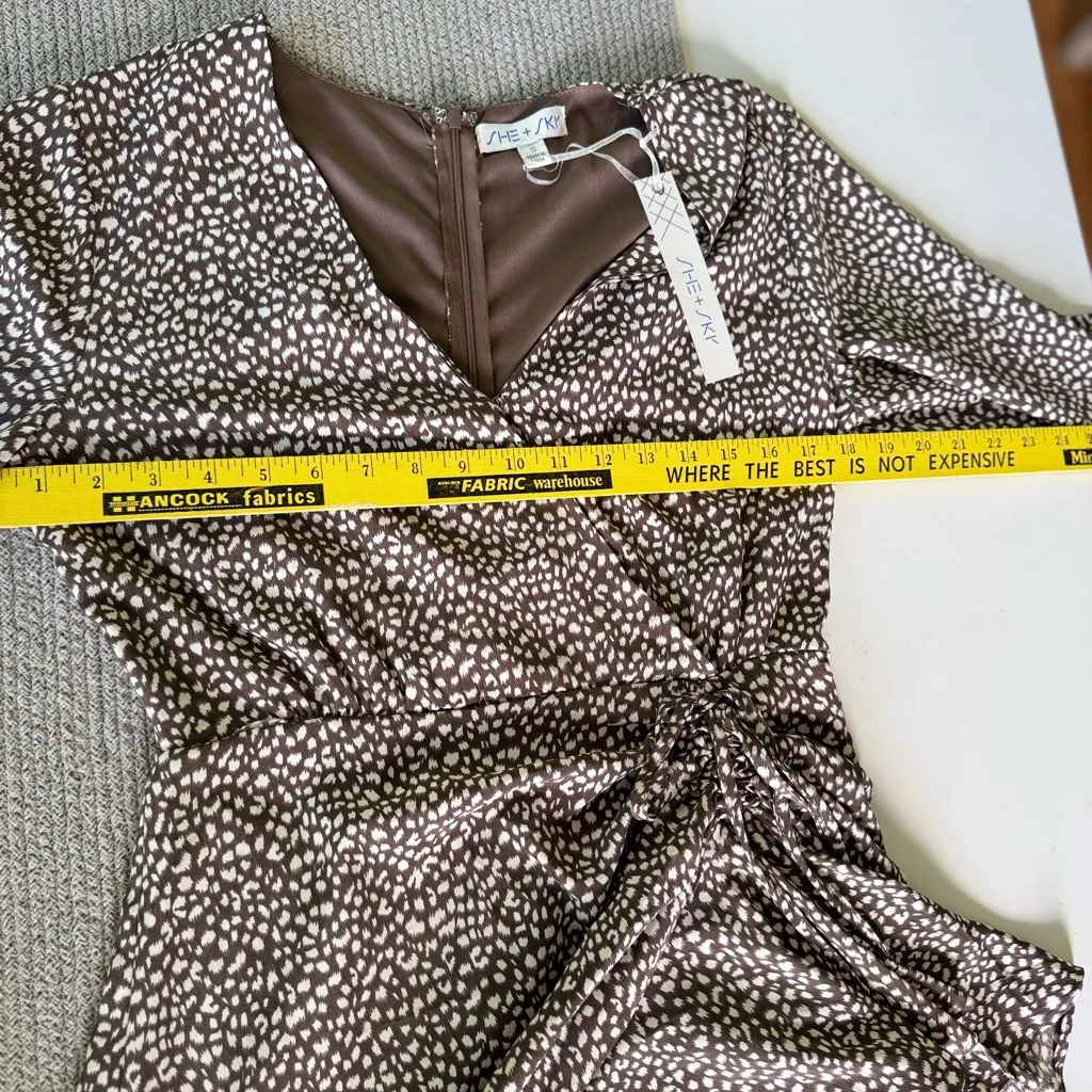 SHE + SKY Brown White Polka Dot Asymmetrical Faux Wrap Mini Dress Sz Small NWT - Image 7